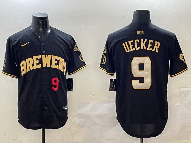 Men Milwaukee Brewers #9 Uecker Black Gold Game 2025 Nike MLB Jersey style 2